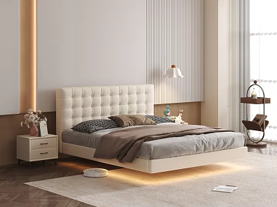 Modern Bedroom Double Bed White Quilted Headboard Beige Frame LED Lights Nightstand Table Lamp Rug 3d model