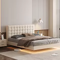 Modern Bedroom Double Bed White Quilted Headboard Beige Frame LED Lights Nightstand Table Lamp Rug
