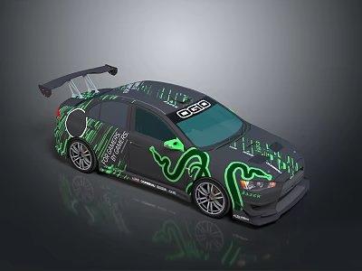 Custom Race Car With Green Snake Pattern Rear Spoiler And Black Body Design 3d model