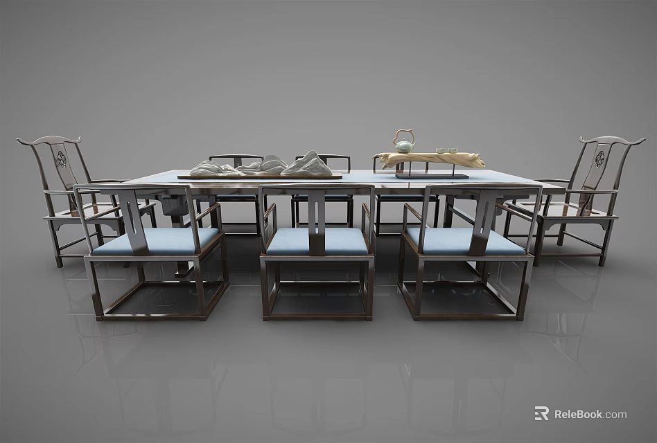 Modern Dining Table Set With Six Stylish Chairs And Wooden Tabletop Design 3d model