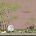 Floral Art Display with Green Trees Round Moon Decoration Stones and Moss on Light Wall