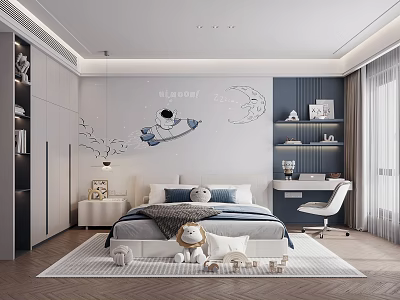 Modern Kids Room Interior With Astronaut Decor Moon Wall Art Bed And Stuffed Toys 3d model