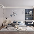 Modern Kids Room Interior With Astronaut Decor Moon Wall Art Bed And Stuffed Toys