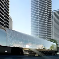 Modern Glass Sales Office Building With High-rise Residential Buildings And Greenery