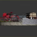 Cartoon Japanese Village Scene With Traditional Houses Red Maple Leaves And Stone Steps