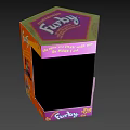 Colorful Furby Toy Box with Purple Orange Design and Play Fun Text Elements