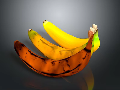 Fresh Bananas in Yellow and Brown Hues Showing Various Ripeness Stages on Black Background 3d model