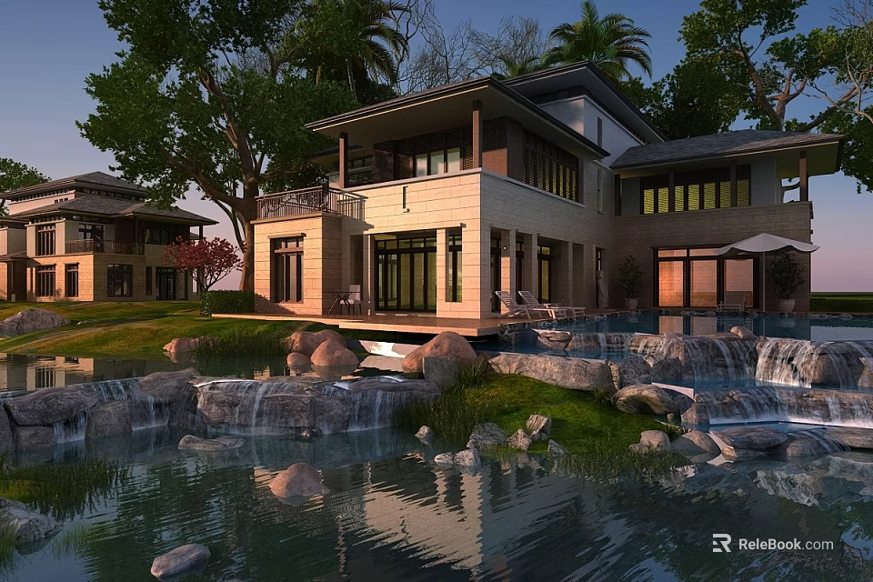 Modern Detached Villa Exterior With Waterfall Pond Lush Trees And Stone Landscaping 3d model 