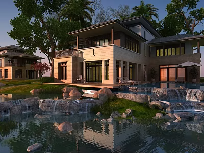 Modern Detached Villa Exterior With Waterfall Pond Lush Trees And Stone Landscaping 3d model