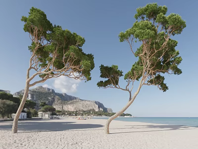 Curved Trees On Sandy Beach With Blue Sea Mountain And Clear Sky Background 3d model
