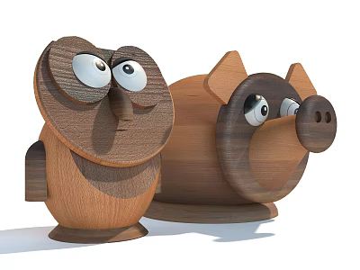 Cute Wooden Owl and Dog Dolls with Big Eyes for Home Decoration 3d model