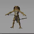 3D Rendered Serpent Creature With Yellow Black Skin Open Mouth Dual Swords And Leather Apron