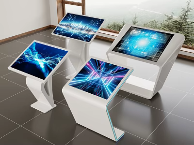 Modern All in One Interactive Displays With White Stands And Tech Inspired Screens 3d model