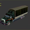 Dark Green Freight Truck With Flame Decals And Canvas Covered Cargo Bed