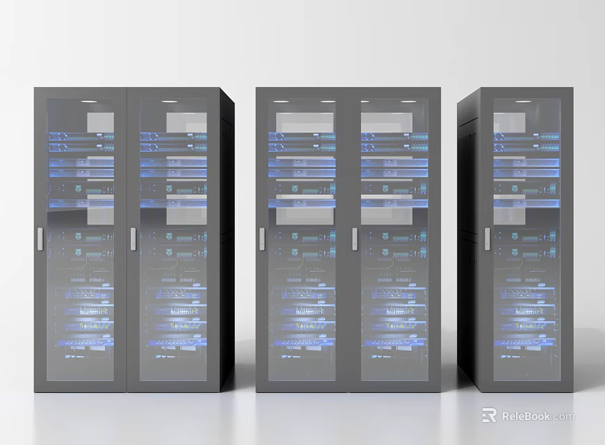Three Data Center Server Racks With Glass Doors And Blue Lit Internal Equipment 3d model 