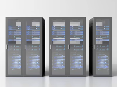 Three Data Center Server Racks With Glass Doors And Blue Lit Internal Equipment 3d model