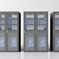 Three Data Center Server Racks With Glass Doors And Blue Lit Internal Equipment