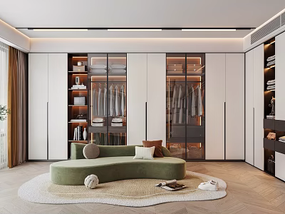 Modern Walk in Closet Design With Glass Door Cabinets Hanging Clothes Green Sofa And Rug 3d model