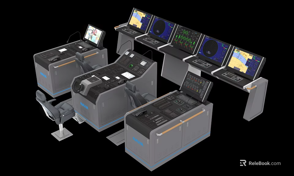 Professional Control Consoles With Multiple Screens And Integrated Control Panels Setup 3d model