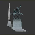 Equestrian Statue Rider And Horse Figure With Raised Right Hand On Multi Tiered Stone Pedestal