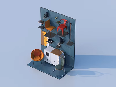 Decorative Ornament Set on Display Shelf with Orange Chair Gray Showcase and White Items 3d model