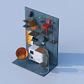 Decorative Ornament Set on Display Shelf with Orange Chair Gray Showcase and White Items