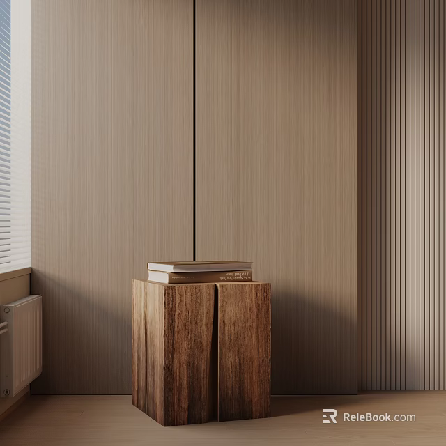 Natural Wood Side Table With Stacked Books By Window In Modern Minimalist Room 3d model 