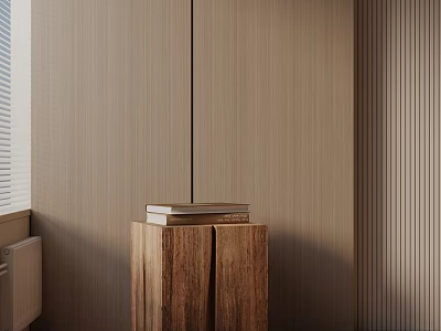 Natural Wood Side Table With Stacked Books By Window In Modern Minimalist Room 3d model