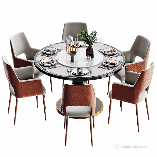 Round Glass Top Dining Table With Brown Gray Chairs Tableware Wine Glasses And Plant 3d model 