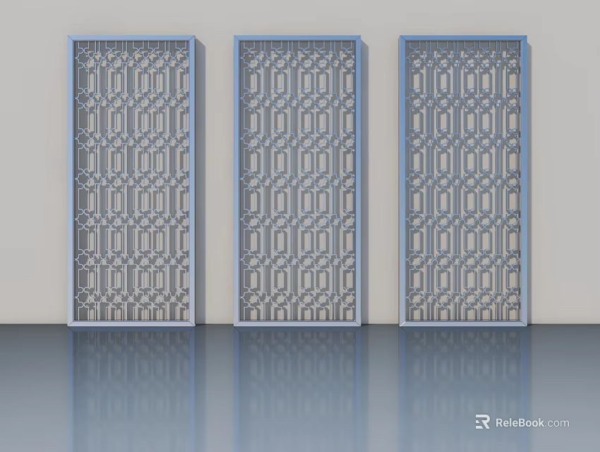 Three Modern Swing Doors With Blue Frame And Intricate Geometric Patterns 3d model
