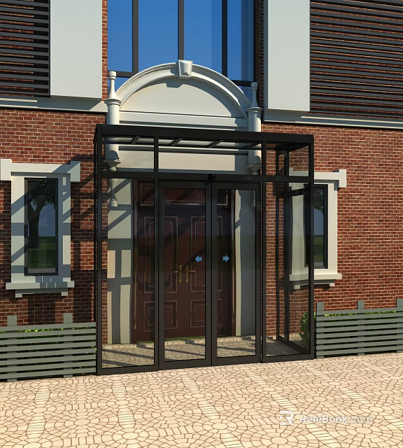 Red Brick Building Entrance With Arched Doorway And Black Glass Porch 3d model 