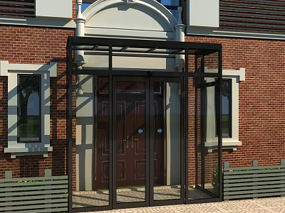 Red Brick Building Entrance With Arched Doorway And Black Glass Porch 3d model