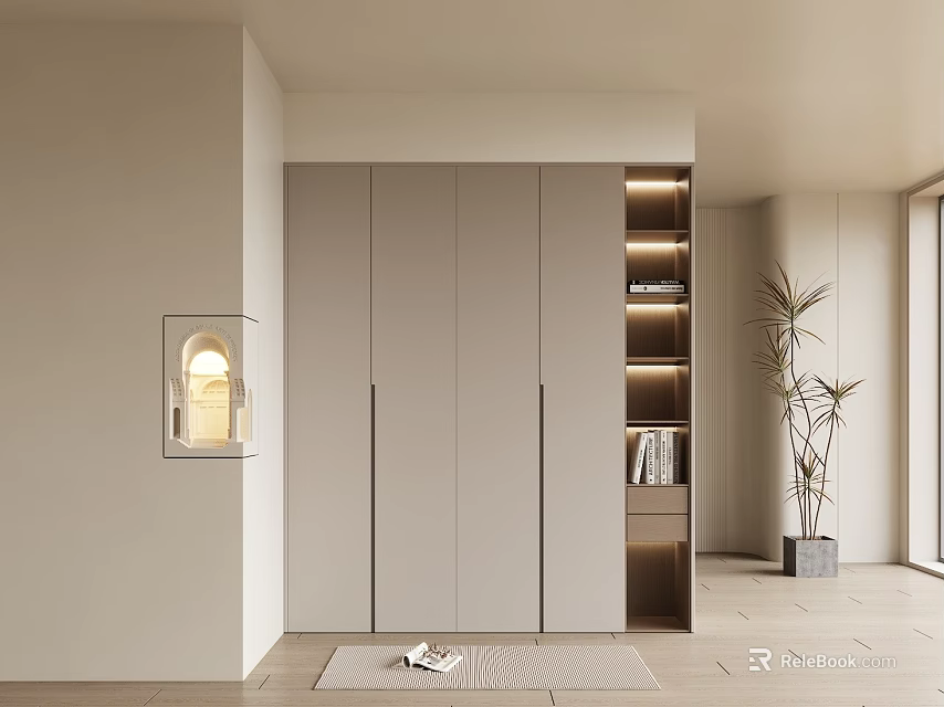 Modern Minimalist Wardrobe Interior with LED Lit Open Shelves Books Potted Plant and Rug 3d model 