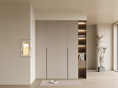Modern Minimalist Wardrobe Interior with LED Lit Open Shelves Books Potted Plant and Rug 3d model