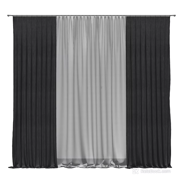 Modern Home Window Curtains With Black Panel And Gray Sheer Fabric 3d model 