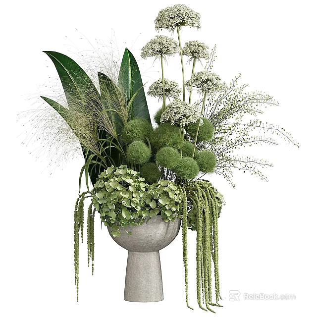 Elegant Decorative Ornament Arrangement With Lush Green Foliage White Flowers And Spherical Plants 3d model 