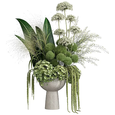 Elegant Decorative Ornament Arrangement With Lush Green Foliage White Flowers And Spherical Plants 3d model