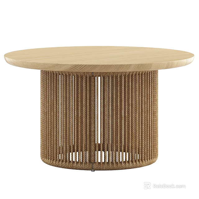 Round Wooden Coffee Table With Natural Woven Rattan Base For Modern Living Room 3d model 
