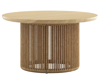 Round Wooden Coffee Table With Natural Woven Rattan Base For Modern Living Room 3d model