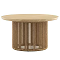 Round Wooden Coffee Table With Natural Woven Rattan Base For Modern Living Room