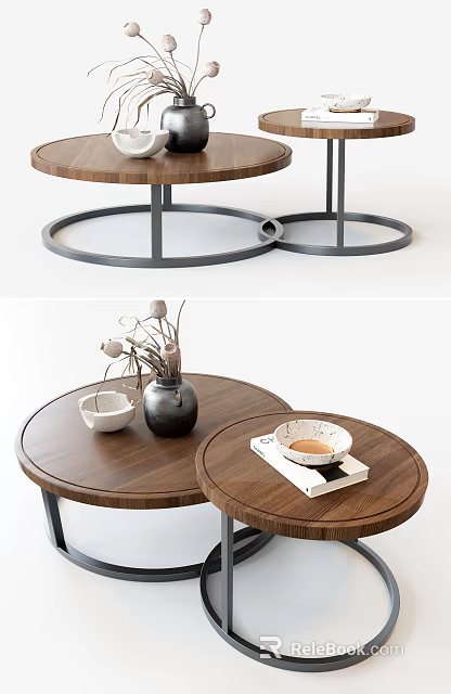 Round Coffee Table With Wooden Top Metal Frame Nested Design And Decorative Items 3d model