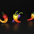 Vibrant Colorful Chili Peppers In Various Hues On Black Background With Reflections