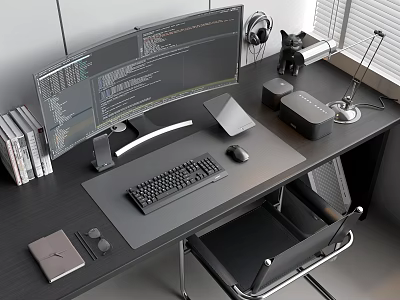 Modern Computer Workstation Setup With Curved Monitor Keyboard Mouse Headphones And Books 3d model