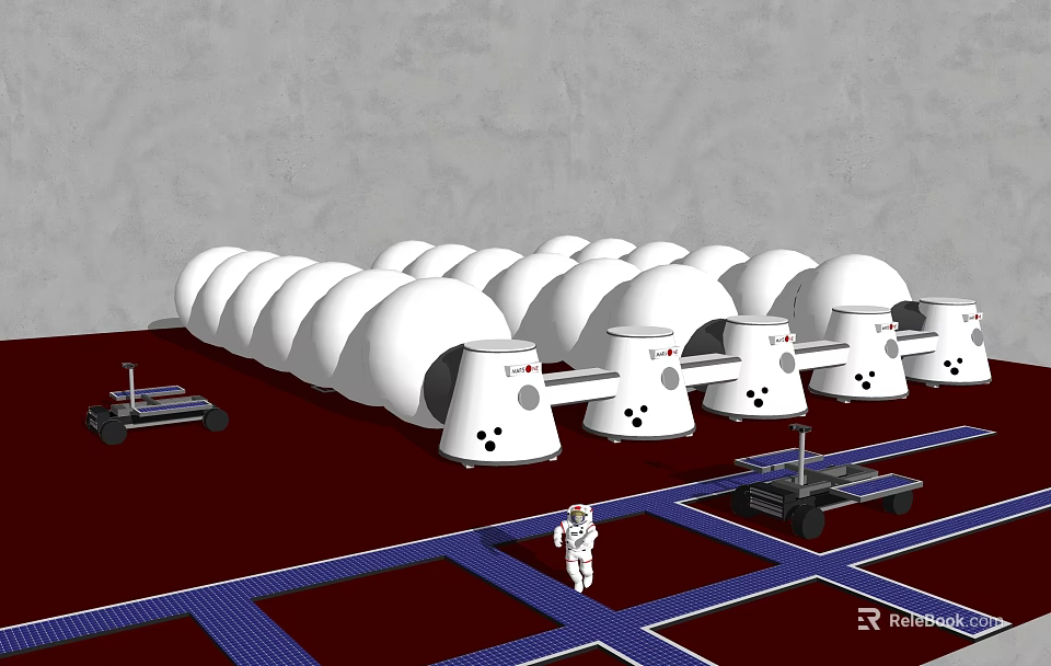 Futuristic Space Base With White Domes Small Rovers Red Ground Blue Lines And Astronaut 3d model 