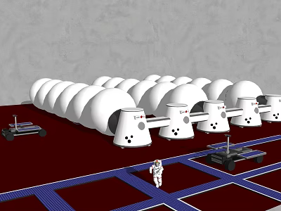 Futuristic Space Base With White Domes Small Rovers Red Ground Blue Lines And Astronaut 3d model