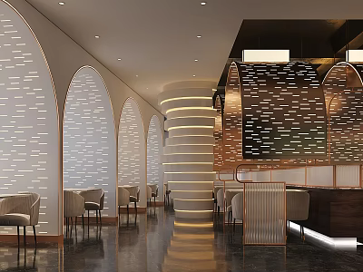 Elegant Modern Restaurant Interior With Arched Windows Striped Lighting And Bar Counter 3d model
