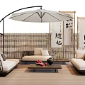 Wicker Outdoor Sofa With Bamboo Fence Cantilever Umbrella Calligraphy Scrolls Wooden Coffee Table Fruit Decor