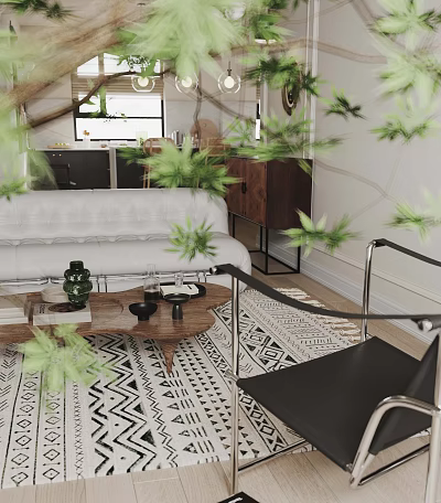 Stylish Dining Living Room Interior Design With White Sofa Wooden Coffee Table And Green Plants 3d model