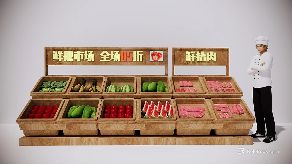 Fresh Fruits and Pork Display at Market with 20 Percent Discount in Wooden Crates 3d model 