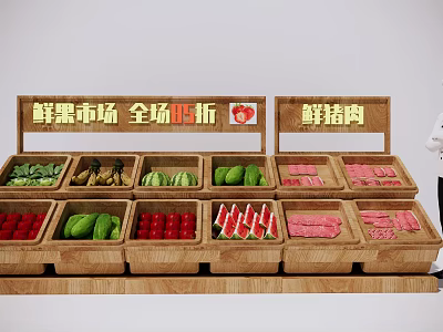 Fresh Fruits and Pork Display at Market with 20 Percent Discount in Wooden Crates 3d model